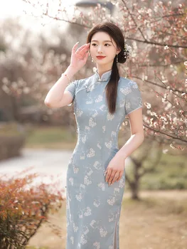 Женское Ципао с коротким рукавом в китайском стиле для вечеринок, винтаж, высокое качество, современный цветочный принт, Чонсам