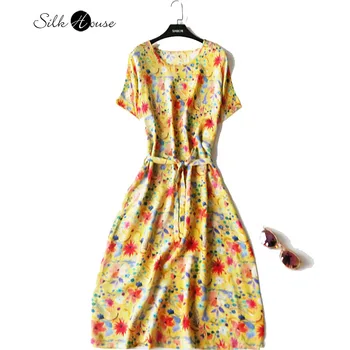 Женское модное платье из шелка тутового цвета с желтыми чернилами, весна-лето 2022, шелк, короткий рукав, большой свободный пояс