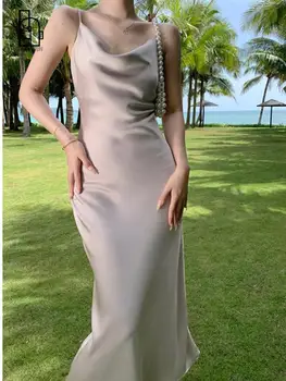 Женское элегантное облегающее платье для вечеринки Фиолетовое свадебное Шелковое платье Миди на тонких бретельках Длинные атласные платья