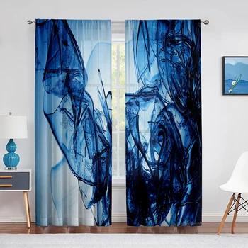 Жидкий оттенок стеклянных осколков синего цвета, абстрактная занавеска из прозрачной вуали для гостиной, спальни, обработки окон кухни, шифоновые занавески