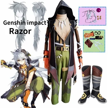 Игра Genshin Impact Razor Genshin Косплей костюм Обувь Ожерелье Униформа Парик Аниме Наряд для вечеринки на Хэллоуин Полные комплекты Париков Новые