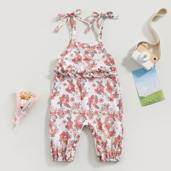 Комбинезоны с цветочным рисунком для маленьких девочек 0-18 м, летняя одежда для новорожденных, штаны на подтяжках без рукавов с рюшами, комбинезон для малышей