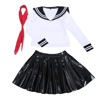 Комплект из 3 предметов, футболка с моряцким вырезом + плиссированная мини-юбка, Корейский студенческий форменный костюм, коктейльная кожа, латекс, комплект верхней юбки французской горничной