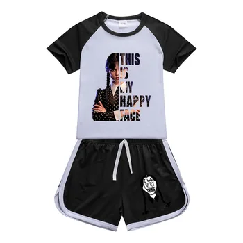 Комплект одежды для девочек-подростков от 3 до 15 лет, летние шорты Wednesday Addams с коротким рукавом, детская спортивная повседневная одежда
