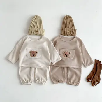 Комплекты одежды для новорожденных с милым медвежонком 2023, осенний комплект одежды для новорожденных мальчиков и девочек, вафельный топ из двух частей + штаны, комплект одежды для маленьких девочек