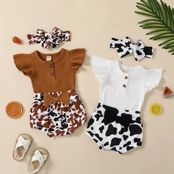 Комплекты одежды для новорожденных девочек ma & baby 0-18 м, Вязаный комбинезон с рюшами, Шорты с принтом Коровы, повязка на голову, летняя одежда D01