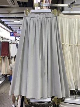 Корейские модные длинные юбки для женщин, женская юбка макси трапециевидной формы с высокой талией и завязками, однотонная женская повседневная юбка средней длины, прямая поставка