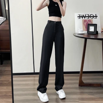 Корейские черные широкие брюки, женские повседневные брюки из шифона свободного кроя с высокой талией, прямые, в корейском стиле
