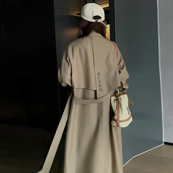 Корейский тренч неправильной формы для женщин, весеннее пальто 2023, Однотонная Двубортная Модная Длинная ветровка с лацканами, одежда