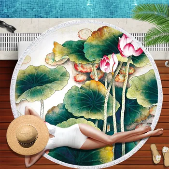 Косметическое растение Цветы лотоса Круглое пляжное полотенце Впитывающие полотенца из микрофибры Пляжный коврик для йоги для девочек Lady Water Wrap