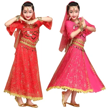 Костюмы для танца живота для девочек, новый костюм для индийского танца, детское праздничное сценическое платье, детский комплект для танца живота