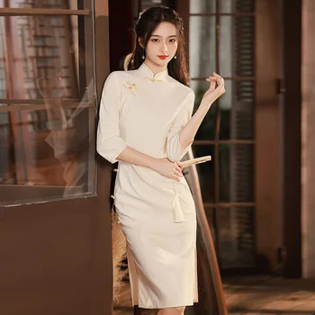 Летнее Женское Белое кружевное платье Ципао в современном китайском стиле, Улучшенный воротник-стойка, Чонсам