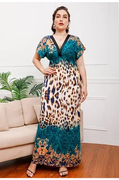 Летнее новое женское платье 2023 большого размера, леопардовое, с коротким рукавом, высокой талией, средней длины, с V-образным вырезом, сексуальное и пикантное
