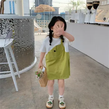 Летнее платье для девочек, детское платье Корейской принцессы в западном стиле с коротким рукавом, поддельные двухсекционные подтяжки
