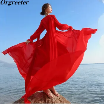 Летние Новые Красные Платья Макси для Женщин, Богемное Шифоновое платье для Отпуска, Асимметричное платье в пол С V-образным вырезом на шнуровке, Robe Femme