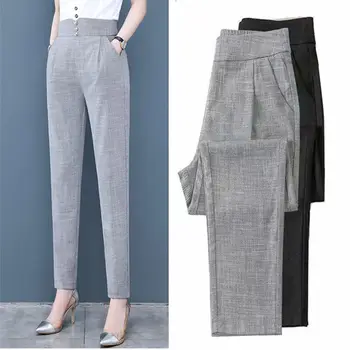 Летние женские однотонные элегантные брюки с высокой талией до щиколотки, офисные женские свободные шикарные брюки, женские повседневные модные брюки E151