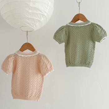 Летний Детский свитер для новорожденных, новый Корейский стиль, тонкие вязаные свитера для маленьких девочек, детские пуловеры с оборками и короткими рукавами, топы с вырезами