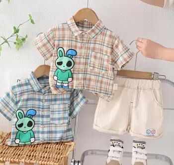 Летняя детская одежда для малышей, футболки с отложным воротником и короткими рукавами с принтом для мальчиков, топы и шорты, одежда для младенцев