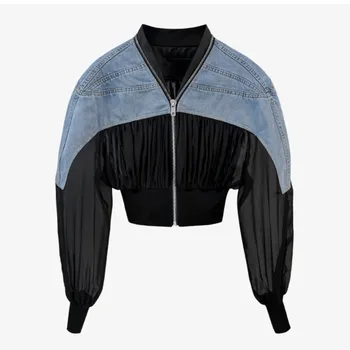 Модная женская куртка 2023 года, новая короткая джинсовая куртка с воротником-стойкой, плиссированный сетчатый подол, пальто с рукавами 