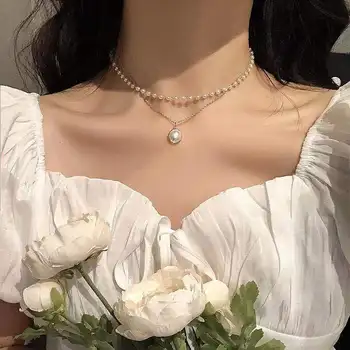Модное двухслойное жемчужное ожерелье, женское металлическое ожерелье из жемчуга в стиле барокко, цепочка из бисера, ювелирный подарок
