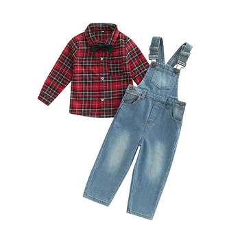 Модные комплекты одежды для мальчиков, клетчатые рубашки с лацканами и длинными рукавами, топы с джинсовыми комбинезонами, брюки на подтяжках