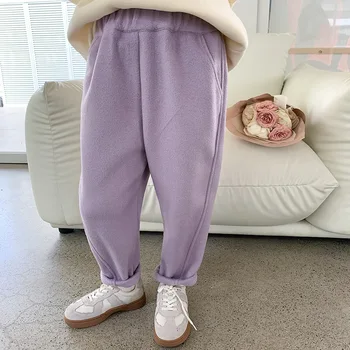 Модные мягкие теплые шерстяные брюки для девочек на осень-зиму, однотонные плотные универсальные повседневные брюки в стиле пэчворк