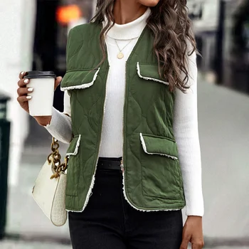 Модный новый продукт Осень / Зима 2022, Новый зеленый жилет на молнии с V-образным вырезом и декоративным карманом, хлопковая куртка, женская одежда
