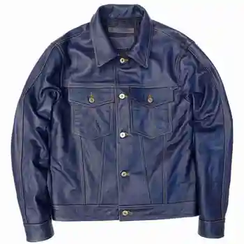 Мужская кожаная куртка из натуральной воловьей кожи с короткой вышивкой Синее пальто Storm Rider ковбойский мотоцикл Америка Ретро повседневная одежда