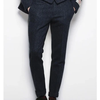 Мужские брюки темно-синего цвета из твида в елочку, костюмные брюки, однотонные прямые брюки в стиле ретро для мужчин, одежда