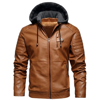 Мужские куртки из искусственной кожи с флисовой подкладкой, пальто с капюшоном, осенне-зимняя повседневная мотоциклетная куртка для мужчин, ветровка, байкерские куртки