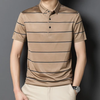 Мужские рубашки поло в полоску для летнего гольфа MINGLU, роскошные деловые повседневные мужские футболки из шелка шелковицы шелковицы с коротким рукавом, модные мужские футболки