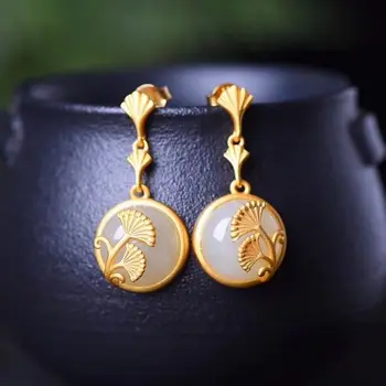 Независимый дизайн старинное золотое мастерство натуральный хотанский нефрит круглые серьги в виде листьев гинкго изысканные роскошные женские украшения