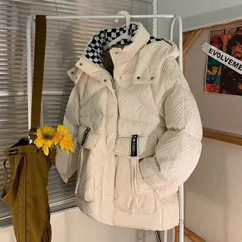 Новая белая зимняя повседневная одежда, сетка, шахматная доска, Хлебная одежда, мужская свободная куртка с хлопчатобумажной подкладкой, бежевая куртка с хлопчатобумажной подкладкой