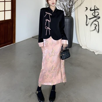 Новые женские костюмы-двойки в китайском стиле, Элегантный Воротник-стойка, рубашки с длинными рукавами на шнуровке и пуговицах + Комплекты длинных юбок с высокой талией