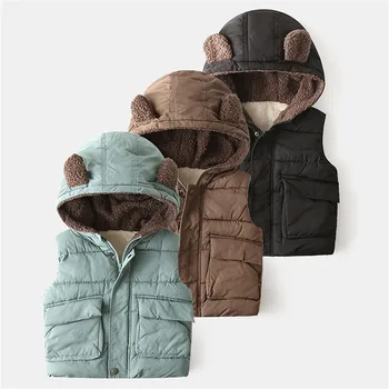 Новый детский зимний жилет для малышей, куртка, одежда для маленьких девочек и мальчиков, осенне-зимняя теплая толстая хлопковая жилетка без рукавов с капюшоном