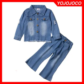 Одежда для маленьких девочек от 1 до 6 лет, весенне-осенний модный джинсовый костюм для девочек, рваная джинсовая куртка + брюки с разрезами, одежда для девочек, джинсовый комплект из 2 предметов