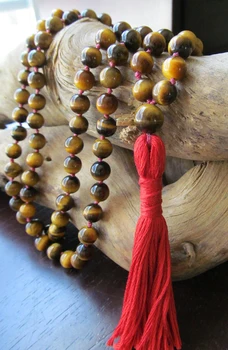 Ожерелье из Тигрового глаза, ожерелье Мала из 108 бусин, ожерелья с кисточками, украшения для йоги, Молитвенные четки Джапа Мала, ожерелья для медитации, завязанные узлом.