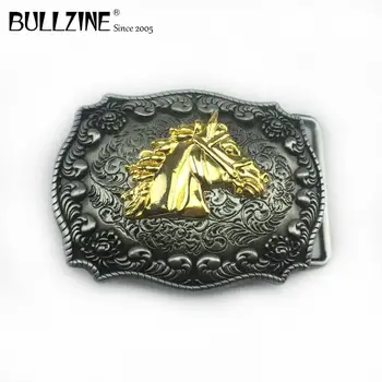 Оптовая продажа Bullzine пряжка для ремня с головой западной лошади из цинкового сплава с золотой и оловянной отделкой FP-03722 подходит для ремня шириной 4 см