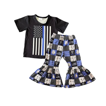 Оптовая продажа детской полицейской одежды, высококачественных комплектов с короткими рукавами и расклешенными брюками для девочек