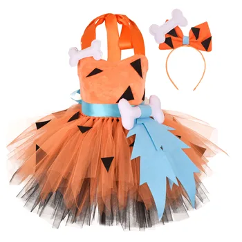 Оранжевые Детские Камешки Флинстоун Костюм Платьепачка Для маленьких девочек Костюм для вечеринки по случаю Дня рождения Детская Одежда на Хэллоуин Реквизит для фотосессии
