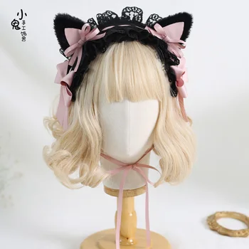 Оригинальная темная Лолита, готическая лента для волос с милыми кошачьими ушками, заколки-бантики, японский головной убор Лолита