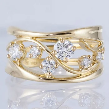 Ослепительное Модное Золотое Обручальное кольцо Для женщин, Сверкающее Металлическое кольцо с инкрустацией из Циркона, Обручальное кольцо для вечеринки, Юбилейные украшения