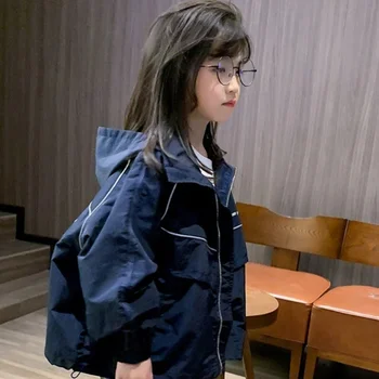 Пальто для девочек, куртка, хлопчатобумажная верхняя одежда Windbreak 2023, темно-синяя весенне-осенняя уличная одежда для подростков, детская одежда