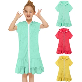 Платье для купания для девочек, халат с капюшоном, Детский купальник, пляжный купальник на молнии, впитывающее Пляжное платье Vestidos