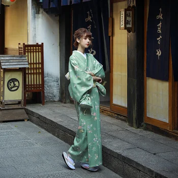 Платье-кимоно для девочки Сакуры Лунный цветок Халат Юката в японском стиле Женский Цветочный принт Хаори Япония Униформа Косплей костюм