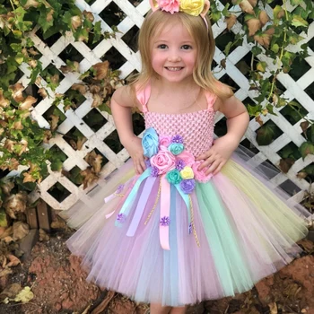 Платье-пачка с единорогом и цветком для девочек, детское пастельное пушистое вязаное крючком тюлевое платье, бальное платье с бантом для волос, детское праздничное платье для костюмированной вечеринки