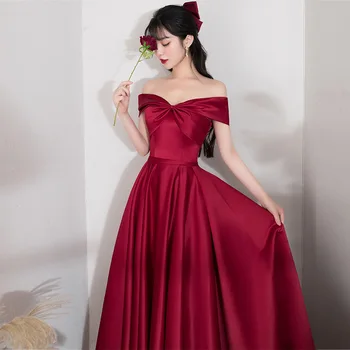 Платья для выпускного вечера красного вина с вырезом лодочкой Трапециевидной формы с открытыми плечами, Элегантное атласное женское вечернее платье в складку 2022, Банкетное бальное платье для свадьбы