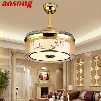 Потолочный вентилятор AOSONG, светильники с дистанционным управлением без лезвия, современный золотой светодиод для домашней столовой ресторана