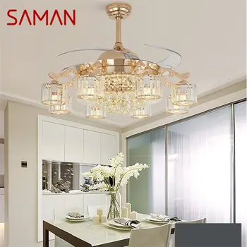 Потолочный вентилятор SAMAN Освещает Роскошную Хрустальную лампу с дистанционным управлением без лезвия, современное Золото для домашней столовой.