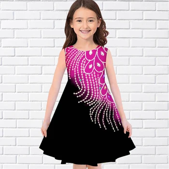Ромбовидный цветочный узор 3D принт Летнее роскошное платье для девочек без рукавов Повседневные длинные платья с круглым вырезом Модные платья для девочек на Ид